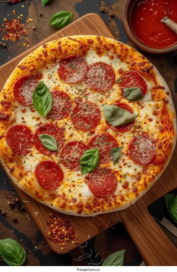 A delicious pepperoni pizza with basil and cheese