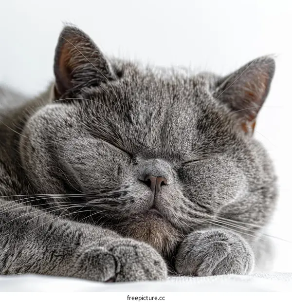 A gray cat is sleeping soundly with its eyes closed.