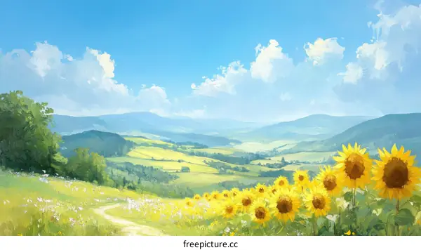 Sunny Hillside Landscape with Sunflowers