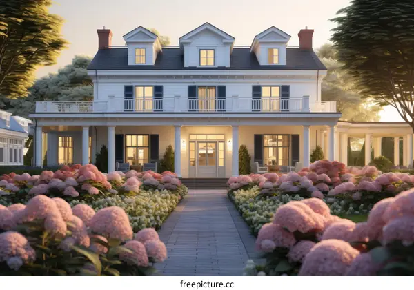 Large white house with pink flowers in front