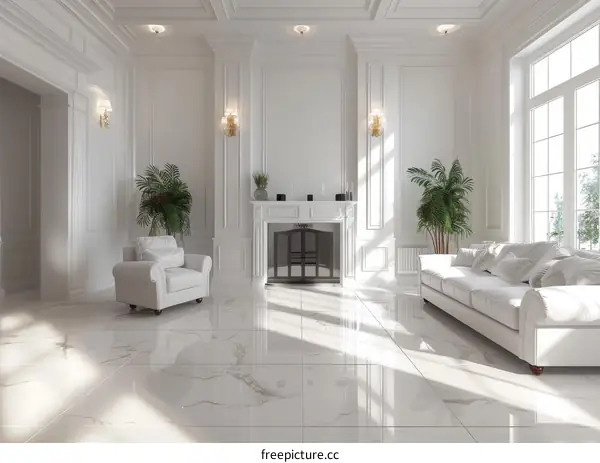 White Ceramic Tiles Modern and Bright Living Room