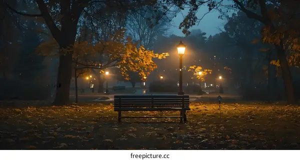 A lonely bench in a park at night with a lamp post in the background