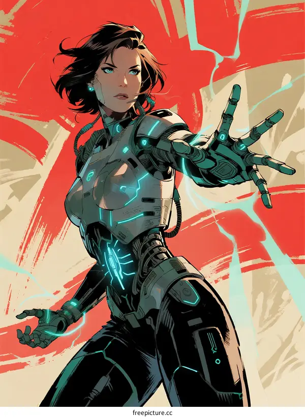Female Cyborg Character with Outstretched Hands in Dynamic Pose