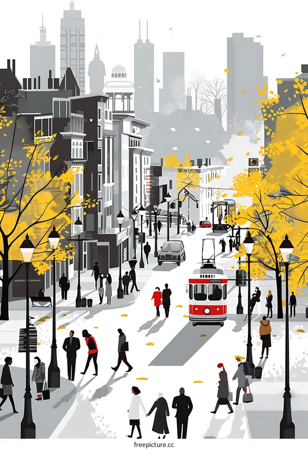 City Street with People and Autumn Leaves