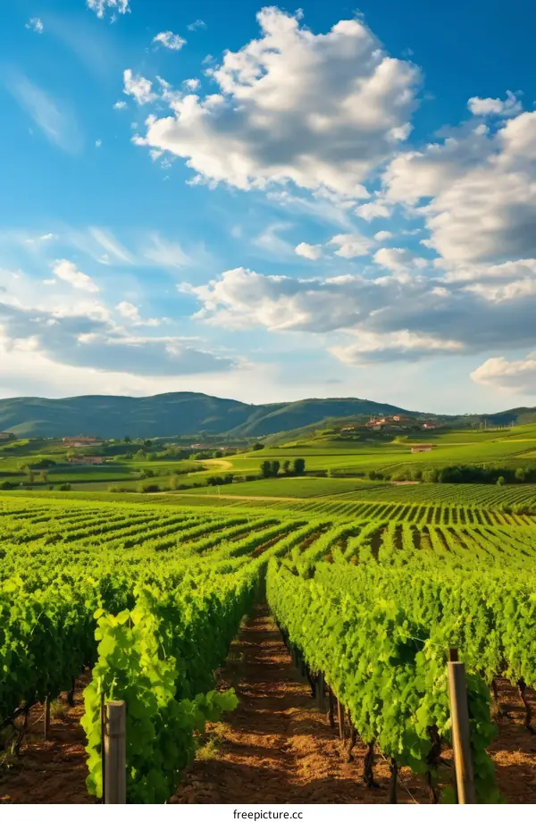 Vineyard Rows in a Fields with Mountains and Sky