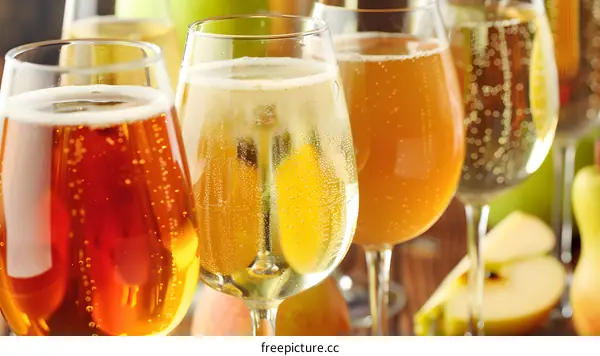 Close Up of Four Glasses of Sparkling Apple Cider