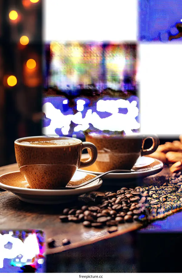 Two cups of coffee on a table with coffee beans spilled around