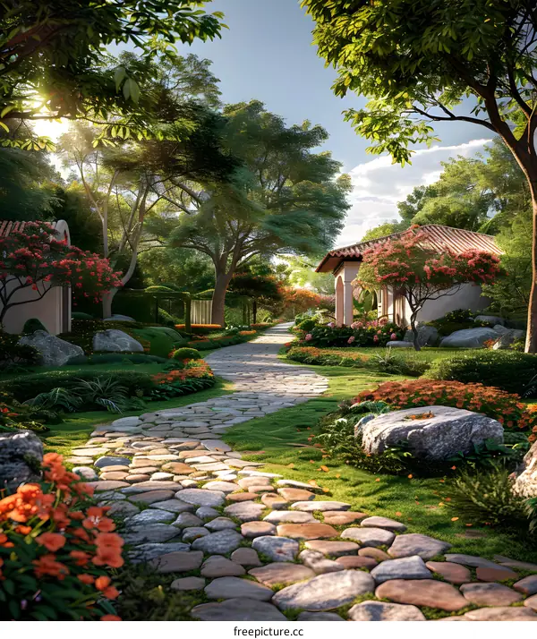 Strolling through a peaceful garden along a cobblestone path