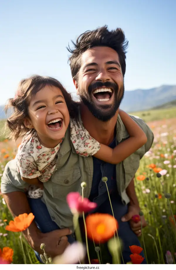 Father and daughter laughing in a field of flowers