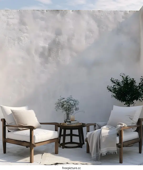Minimalist Patio Design with White Wall and Wooden Chairs