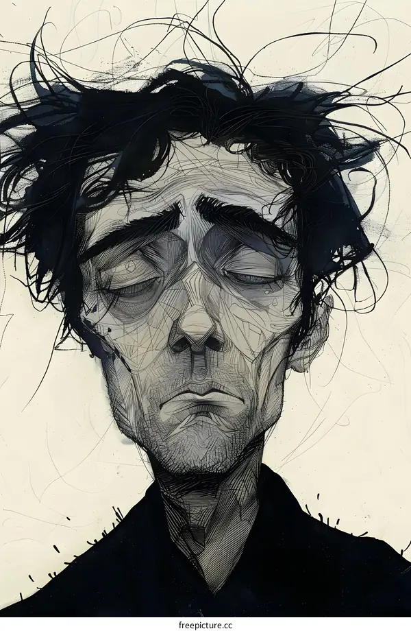 Pen and Ink Portrait of Man with Closed Eyes