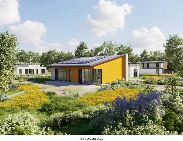 Modern Yellow House With Solar Panels in the Garden