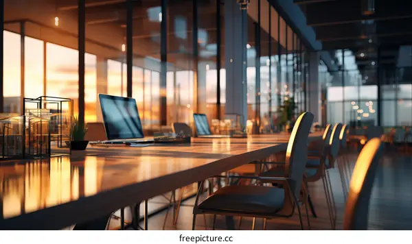 Modern office interior with empty conference table and chairs