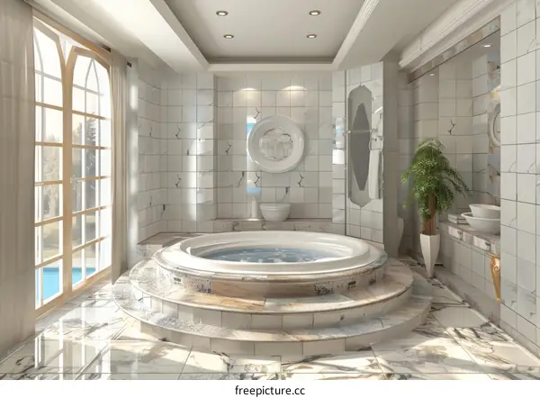 Luxury bathroom with jacuzzi and large window