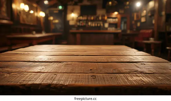 An empty wooden table in a bar or tavern setting