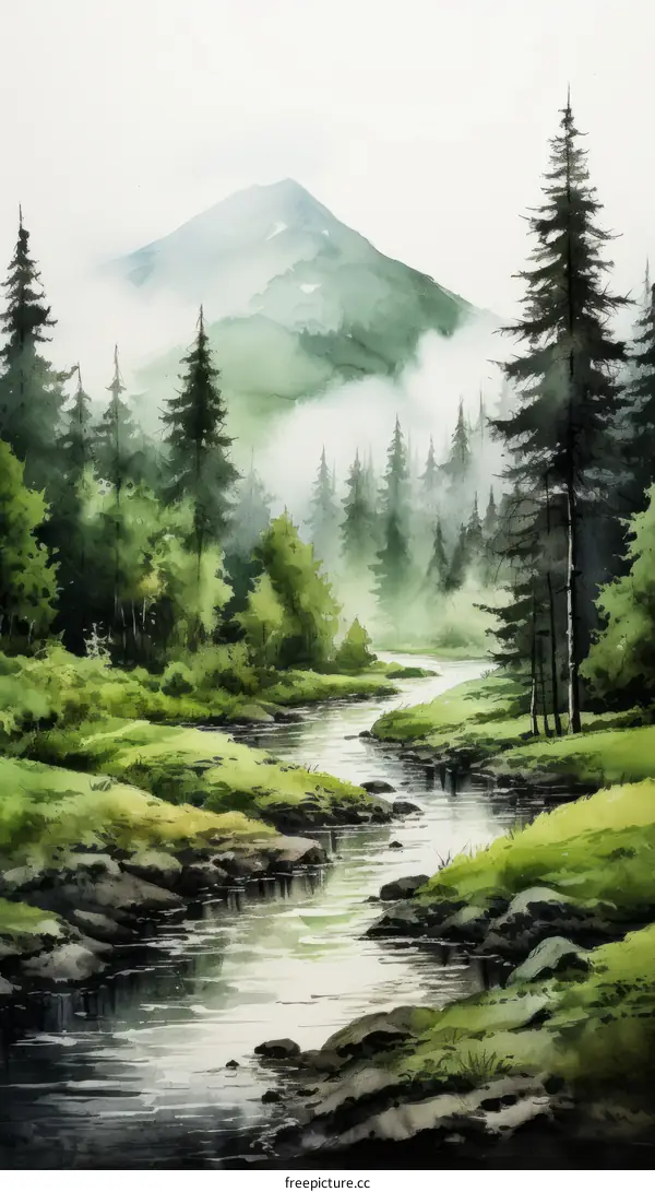 Misty Watercolor Landscape with River and Mountain