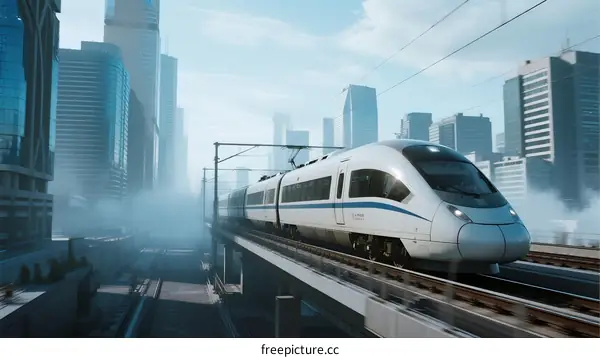 High-speed train moving through modern city landscape