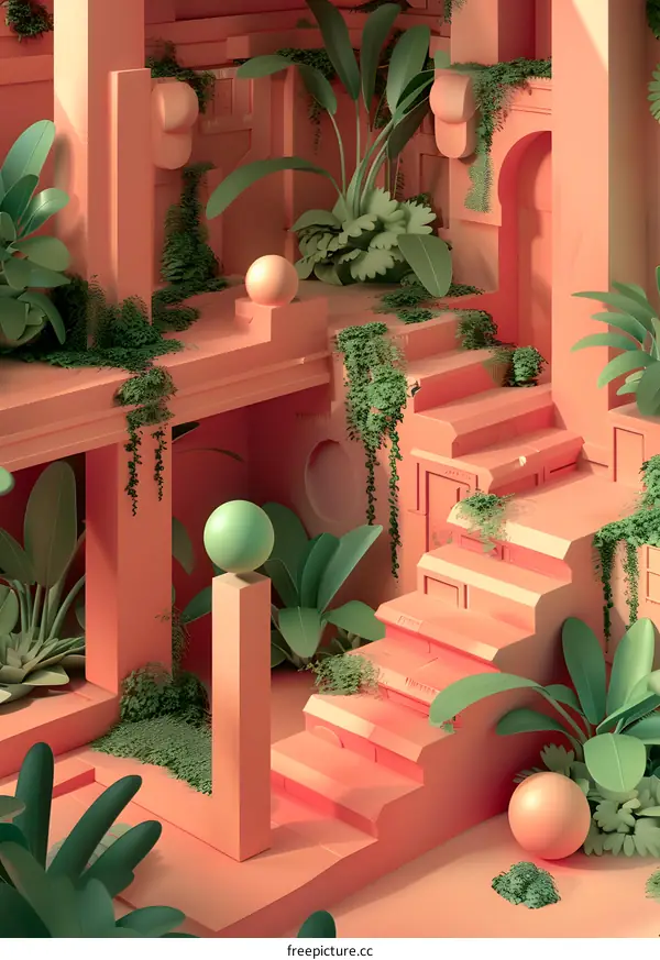 3D Minimalist Pink Garden with Stairs and Green Plants