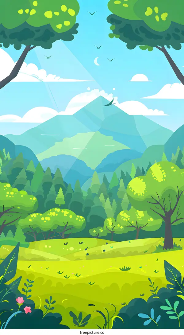 Green Forest Landscape with Mountains and Blue Sky