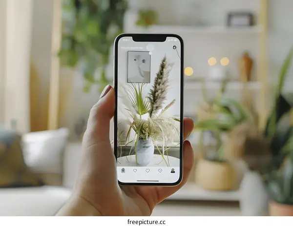 Close Up Of Hand Holding Smartphone Showing Instagram Post Of Dried Flowers