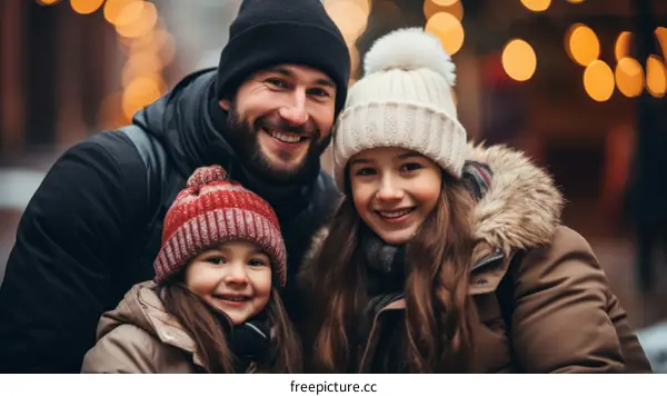 Happy family of three smiling together during winter