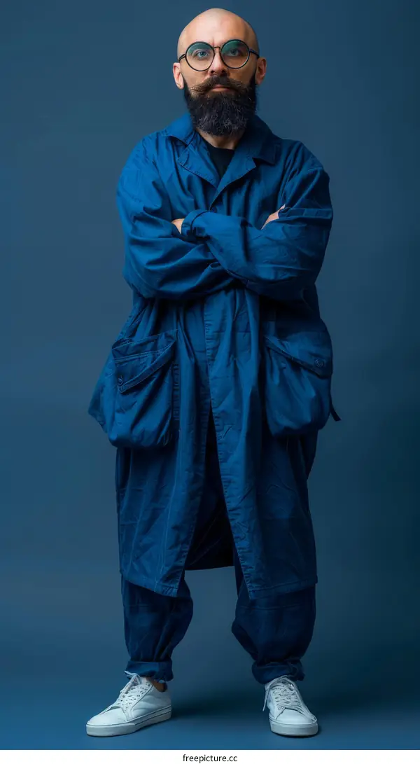 A bald man with beard and glasses is posing in a blue background