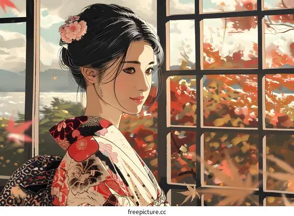 A woman wearing a kimono is looking out the window.