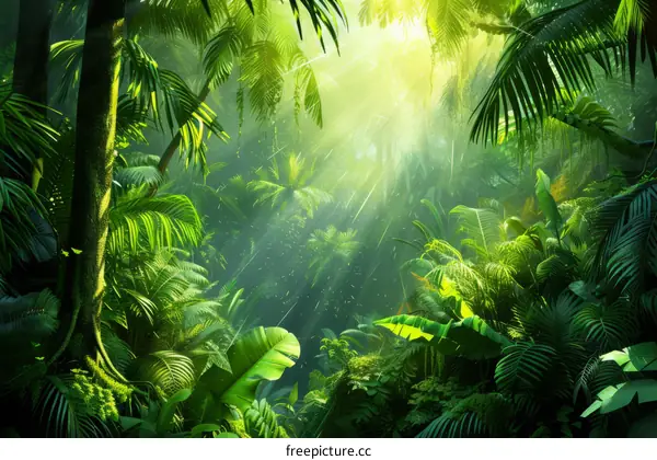 Sunlight shining through the lush green leaves of a tropical rainforest