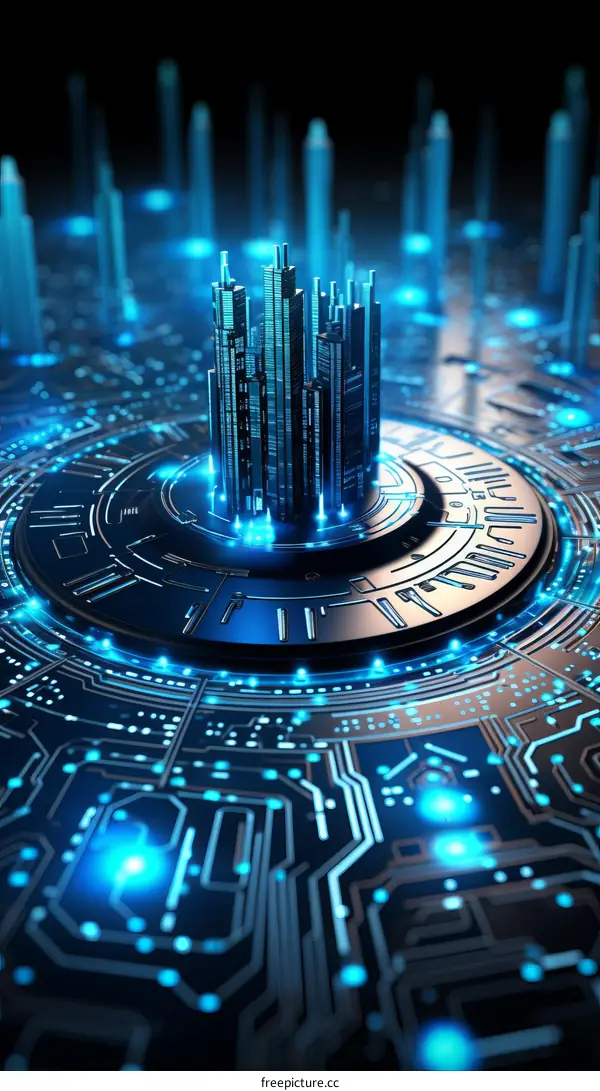 Blue technology background with a circuit board pattern and a futuristic city