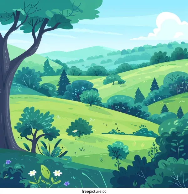 Green rolling hills landscape illustration