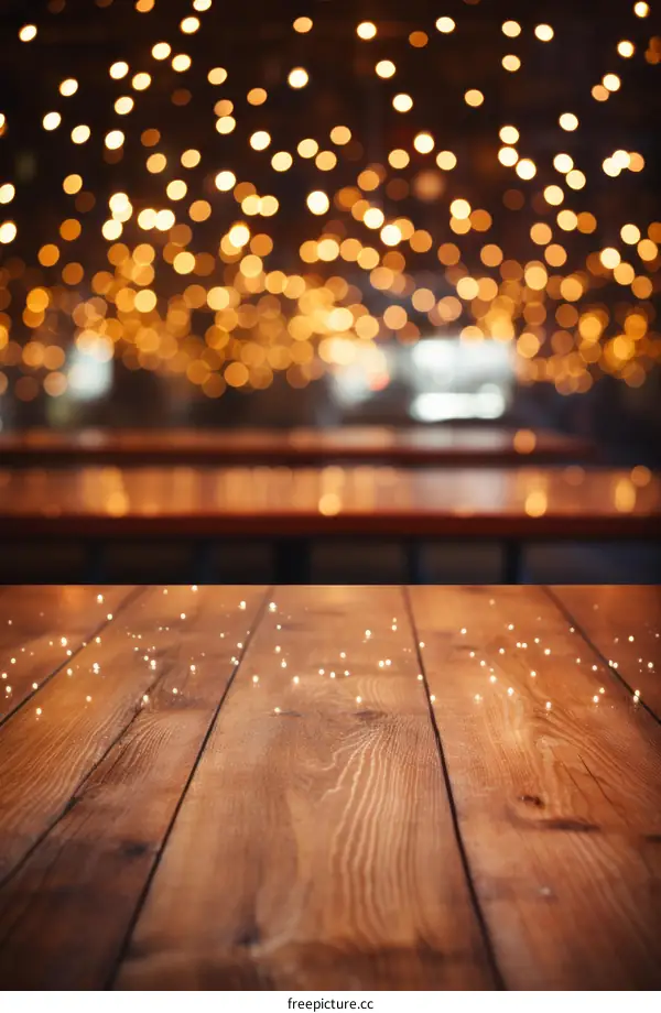 An Empty Wooden Table with a Blurred Background of String Lights