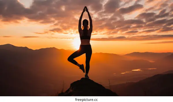 Woman practicing yoga on a mountaintop at sunset