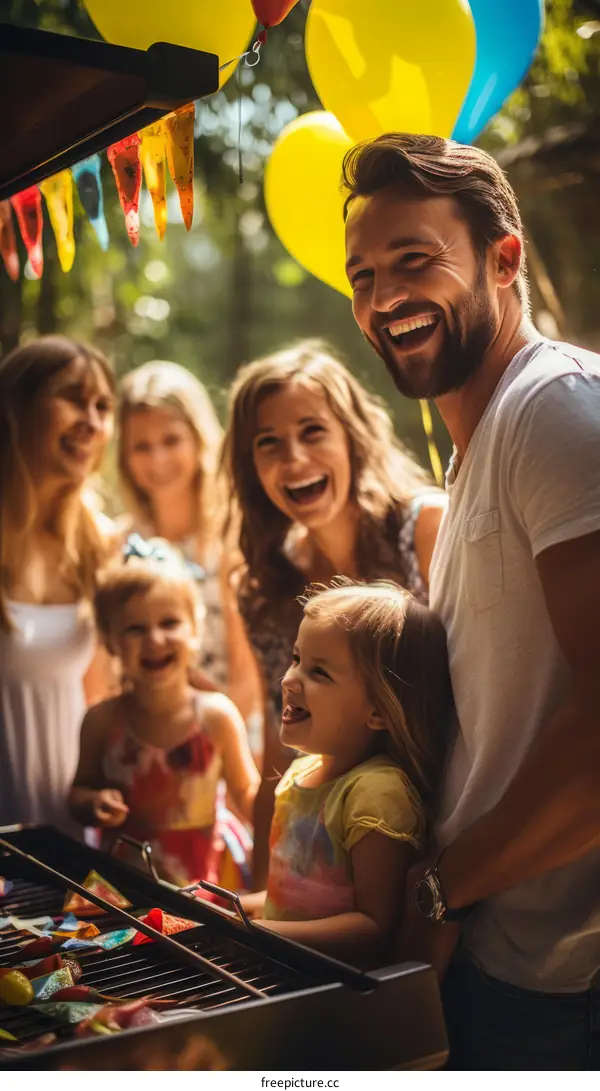 Happy family of five having a barbecue in their backyard