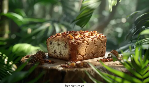 Close-up of a delicious banana bread on a wooden table in the jungle