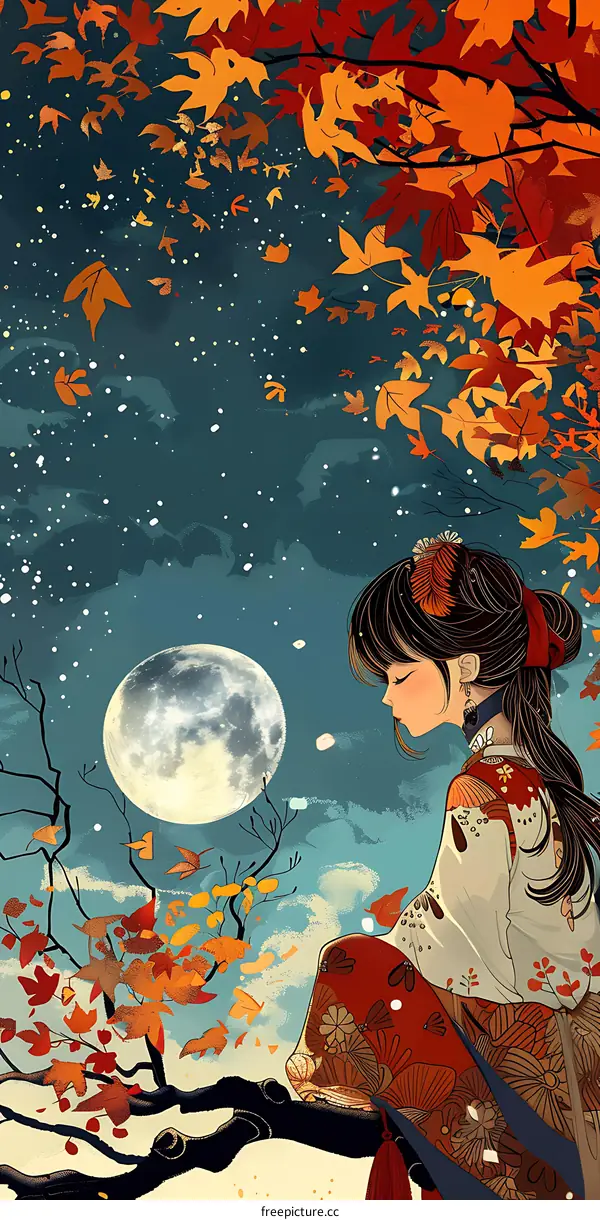 Girl in Autumn with Full Moon Illustration