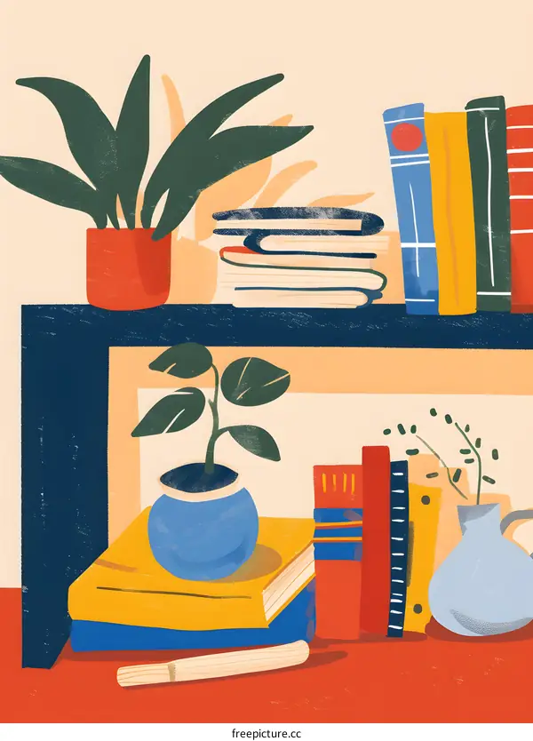 Colorful Illustration of a Bookshelf with Plants and Books