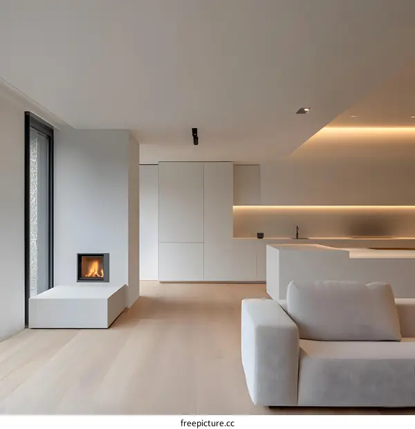 Modern Minimalist Living Room Interior Design with Fireplace and White Walls