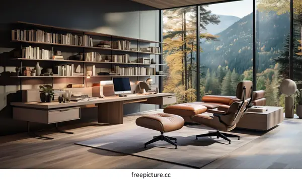 Modern home office with a stunning view of the mountains