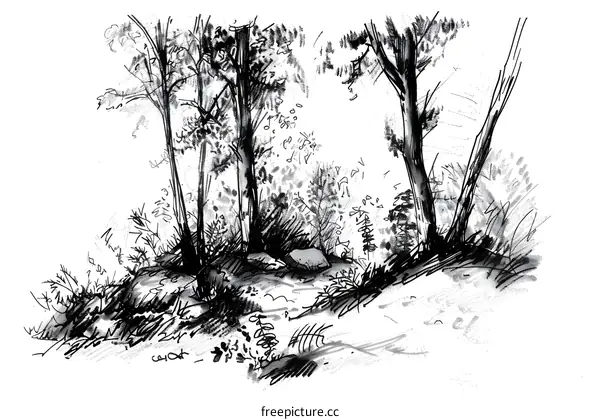 Ink Drawing of a Forest Scene with Trees and Brush