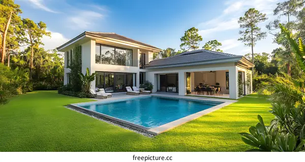 Modern House with Swimming Pool and Lush Greenery