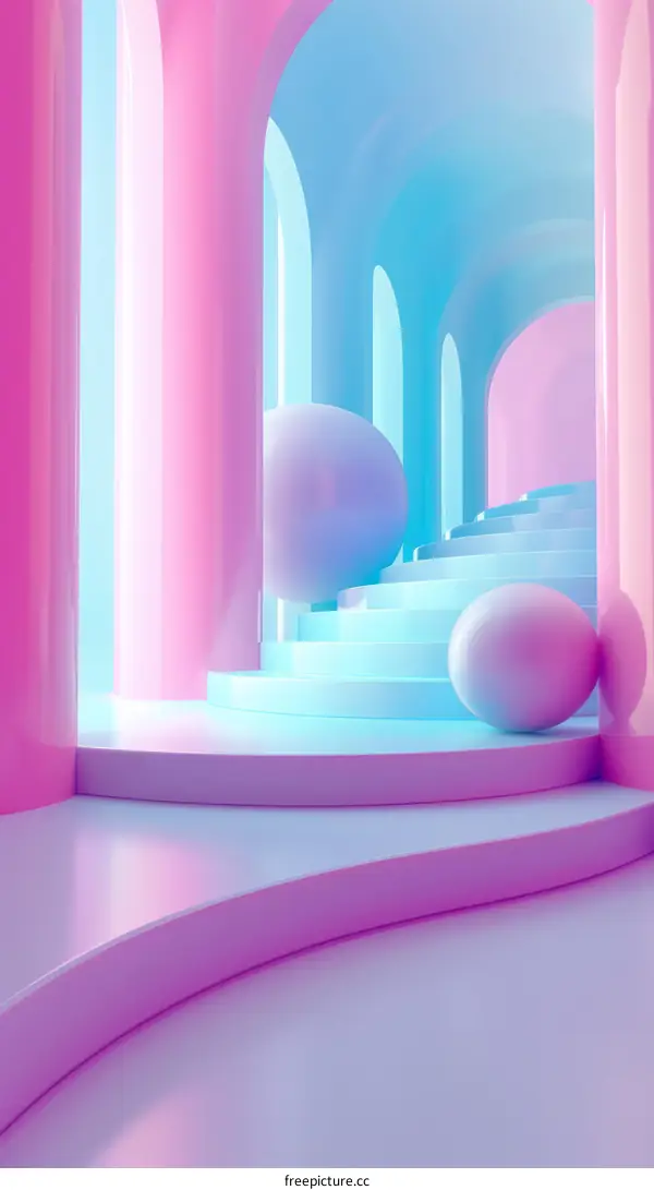 Pink and blue pastel color 3D rendered background with stairs and pink balls