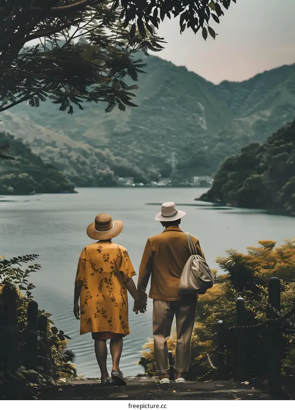 Couple Walking Hand in Hand Along a Scenic Lake With Mountains in the Background