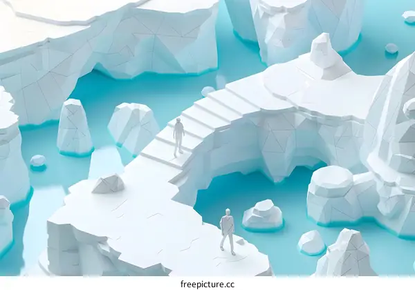 Two Figures Walking On Abstract Geometric Paper Terrain