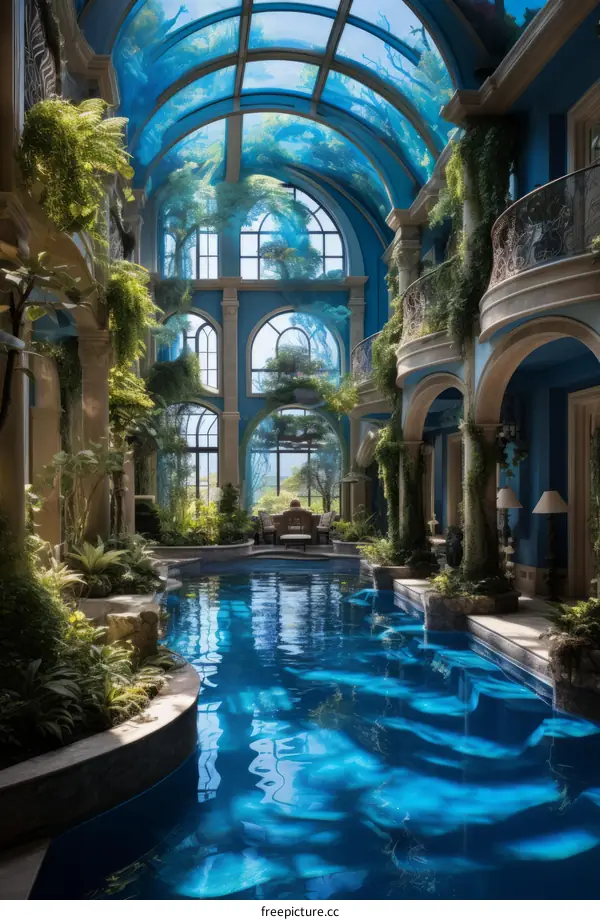 Indoor swimming pool with lush greenery