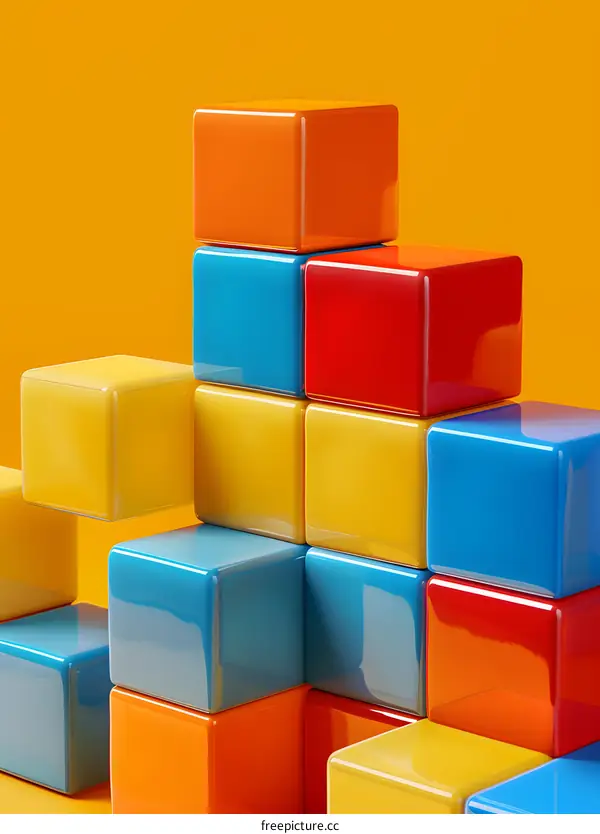 Colorful 3D Tetris blocks stacked on a yellow background