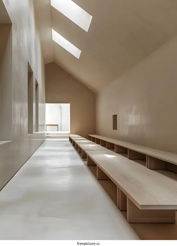 Minimalist Interior Design with Skylights and Wooden Benches