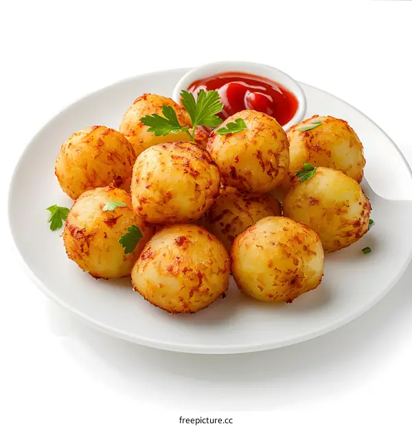 Fried potato balls with ketchup