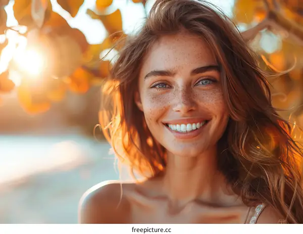 Beautiful Woman with Freckles Smiling at Sunset