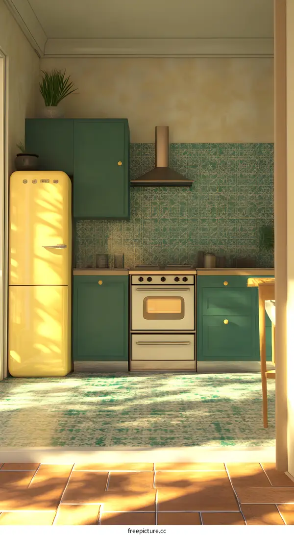 Green Kitchen Interior Design with Yellow Retro Refrigerator