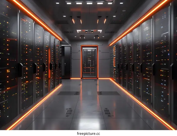 futuristic server room with bright orange lights